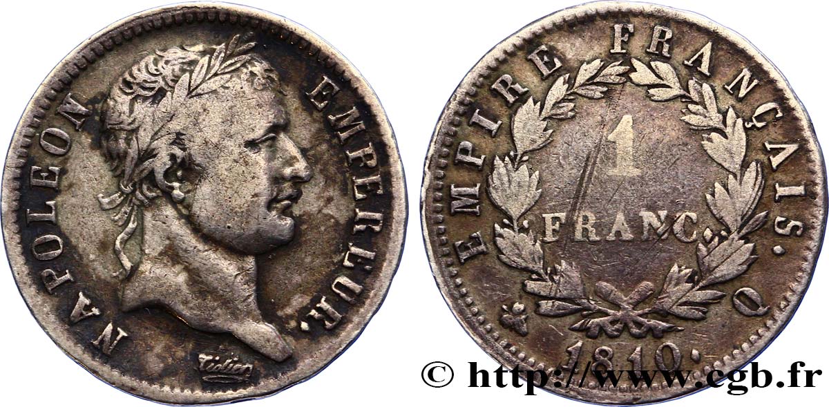 1 franc Napoléon Ier tête laurée, Empire français 1810 Perpignan F.205/25 TB25 