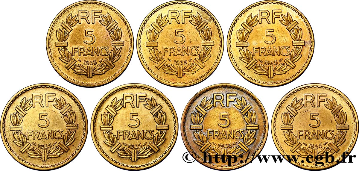 Lot de 7 pièces de 5 francs Lavrillier, bronze-aluminium - - F.337/- BB/q.SPL 