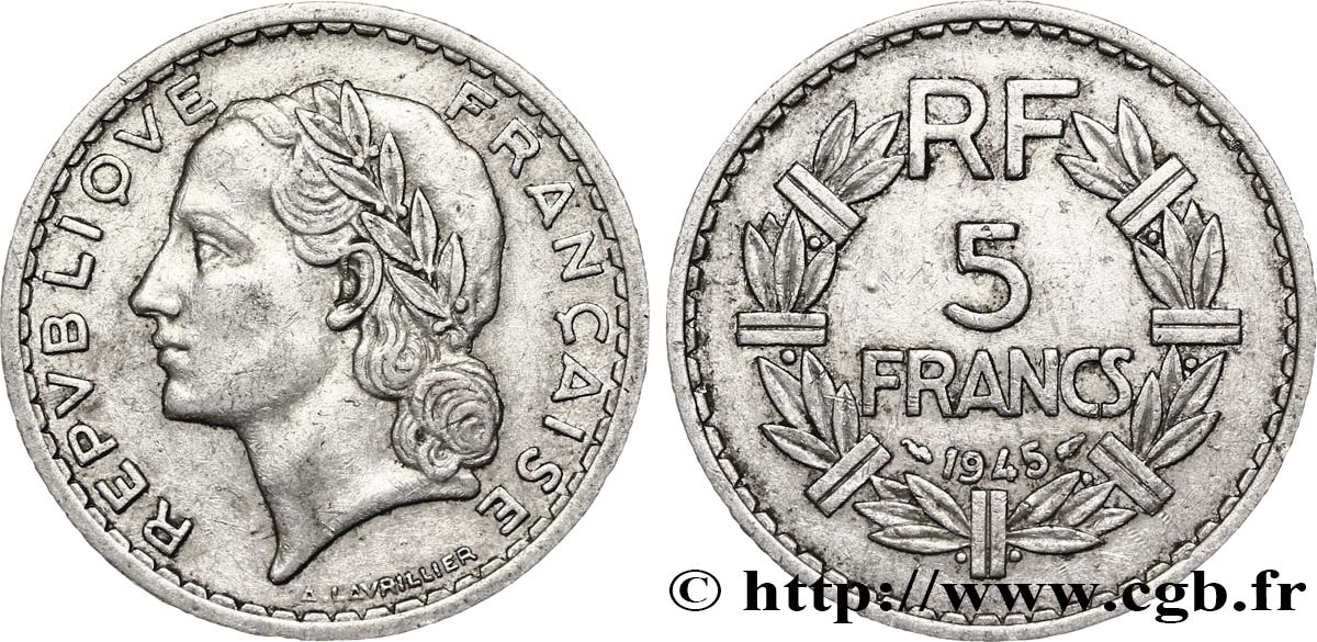 5 francs Lavrillier, aluminium 1945  F.339/2 TTB45 