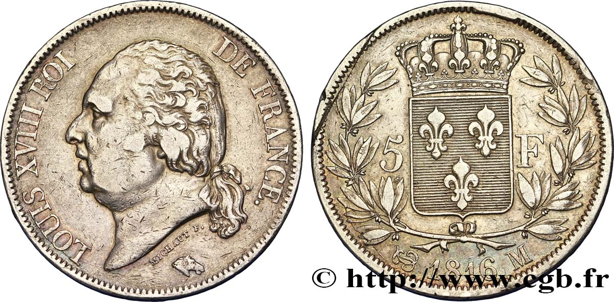 5 francs Louis XVIII, tête nue 1816 Toulouse F.309/9 TTB45 