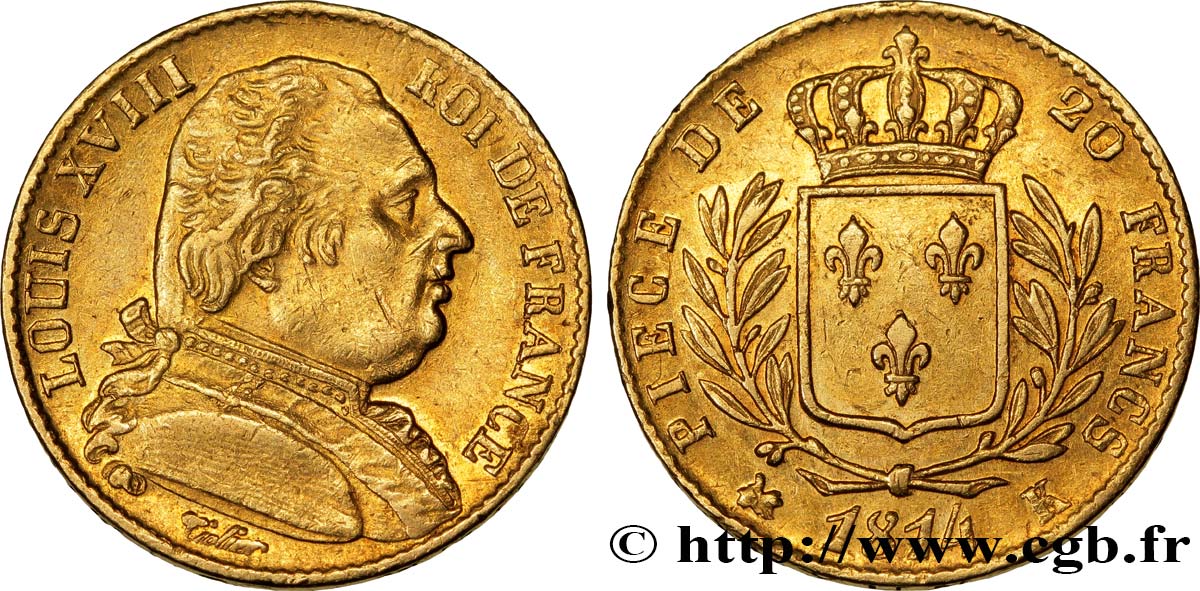 20 francs or Louis XVIII, buste habillé 1814 Bordeaux F.517/4 MBC48 