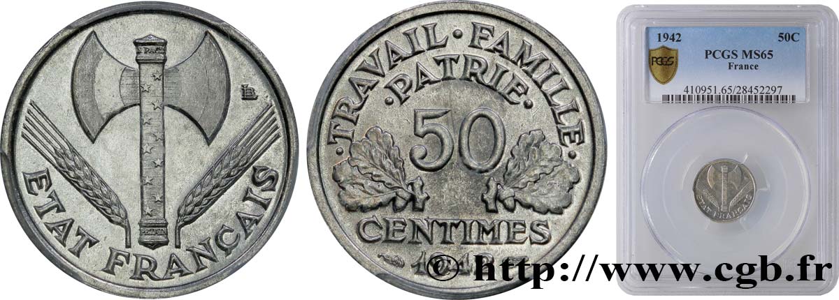 50 centimes Francisque, lourde 1942  F.195/3 FDC65 PCGS