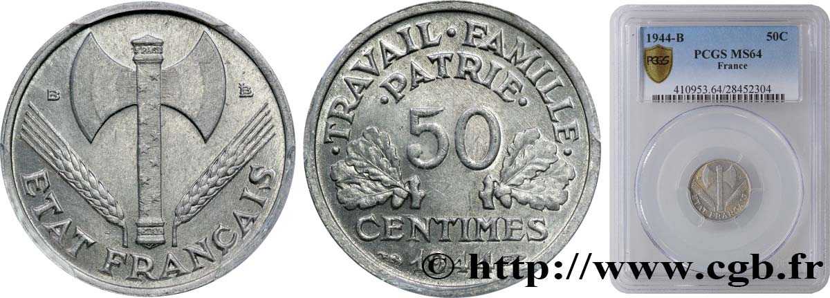 50 centimes Francisque, légère 1944 Beaumont-Le-Roger F.196/5 MS64 PCGS