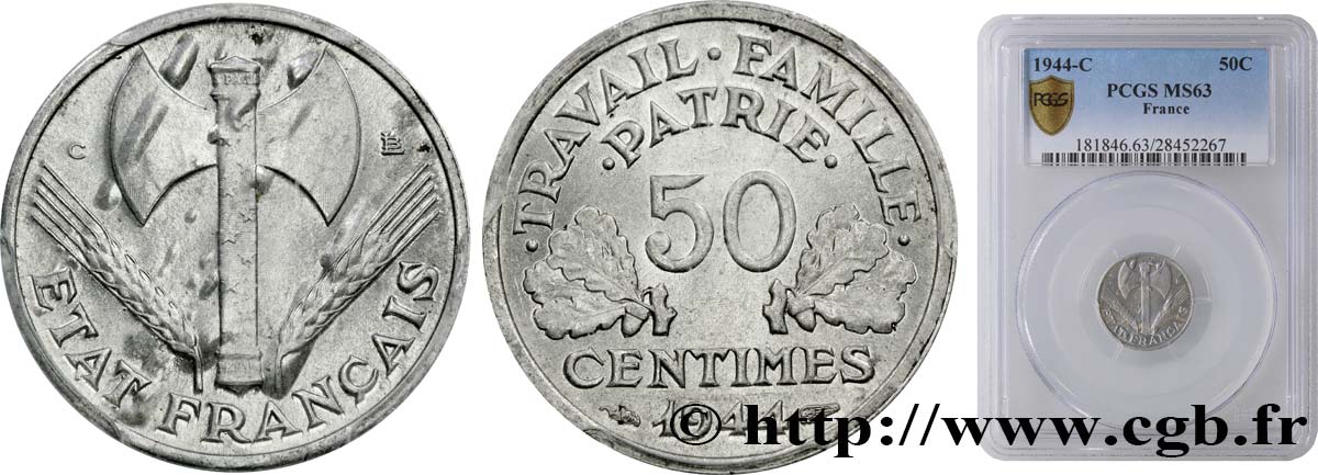 50 centimes Francisque, légère 1944 Castelsarrasin F.196/6 SPL63 PCGS