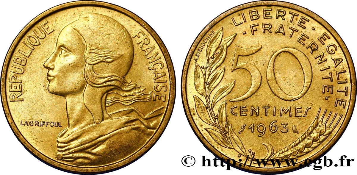 50 centimes Marianne, col à 4 plis 1963 Paris F.197/5 AU55 
