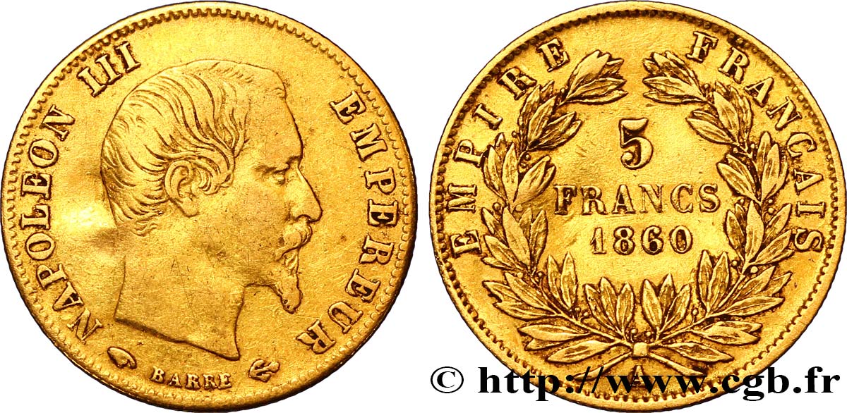 5 francs or Napoléon III, tête nue, grand module 1860 Paris F.501/10 BC 