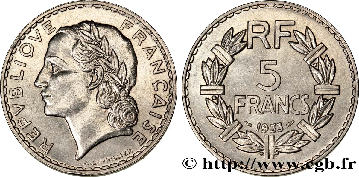 5 francs Lavrillier, nickel 1933  F.336/2 EBC58 