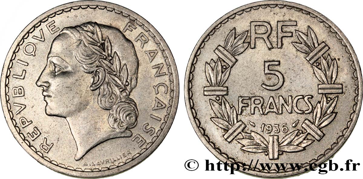 5 francs Lavrillier, nickel 1936  F.336/5 TTB48 