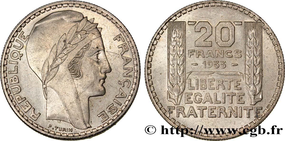 20 francs Turin, rameaux courts 1933  F.400/4 AU58 
