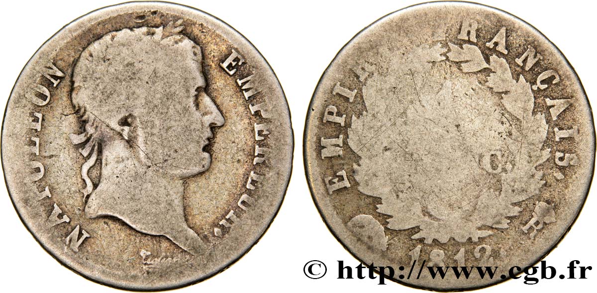 1 franc Napoléon Ier tête laurée, Empire français 1812 Rome F.205/53 RC6 