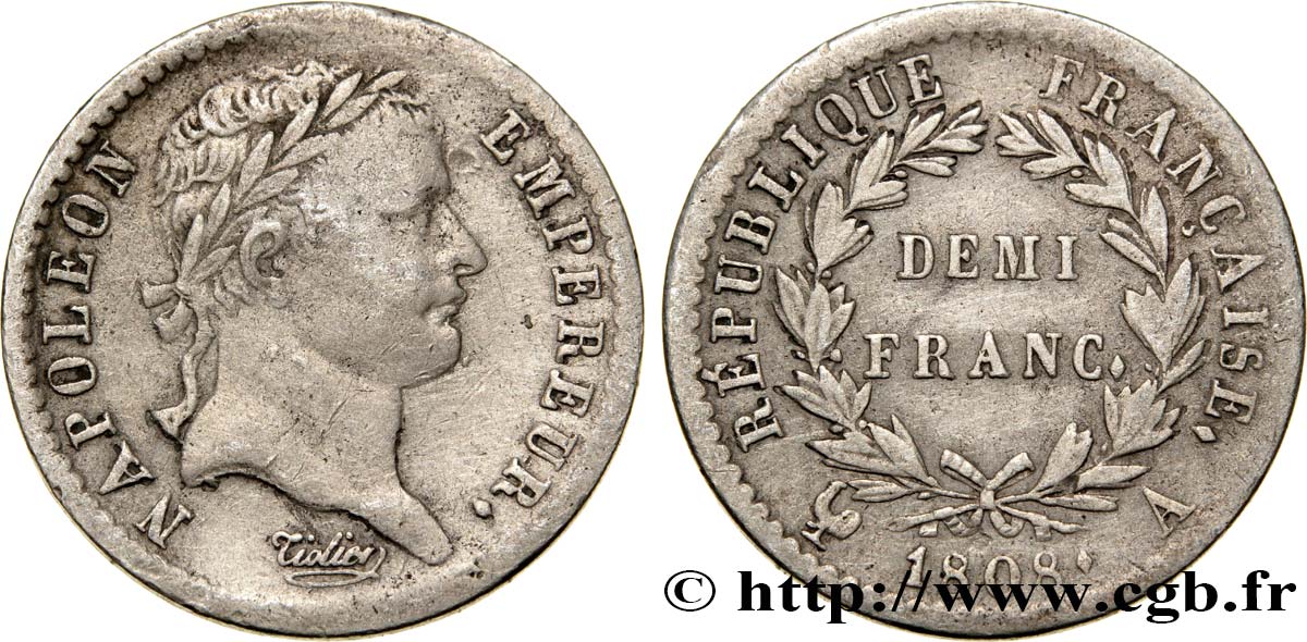 Demi-franc Napoléon Ier tête laurée, République française, buste fort 1808 Paris F.177/2 TTB45 