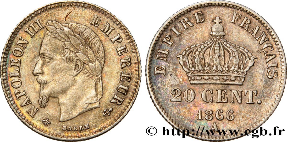 20 centimes Napoléon III, tête laurée, petit module 1866 Paris F.149/4 EBC60 