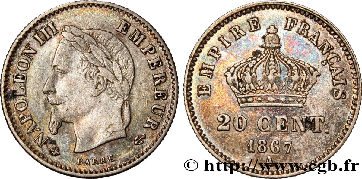 20 centimes Napoléon III, tête laurée, grand module 1867 Paris F.150/1 AU50 