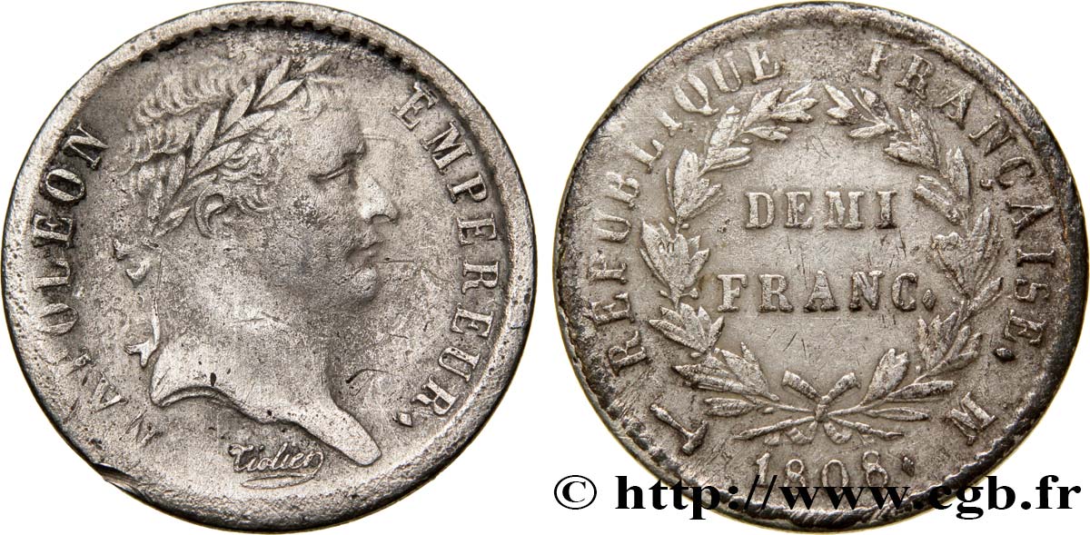 Demi-franc Napoléon Ier tête laurée, République française, buste fort 1808 Toulouse F.177/11 VF35 