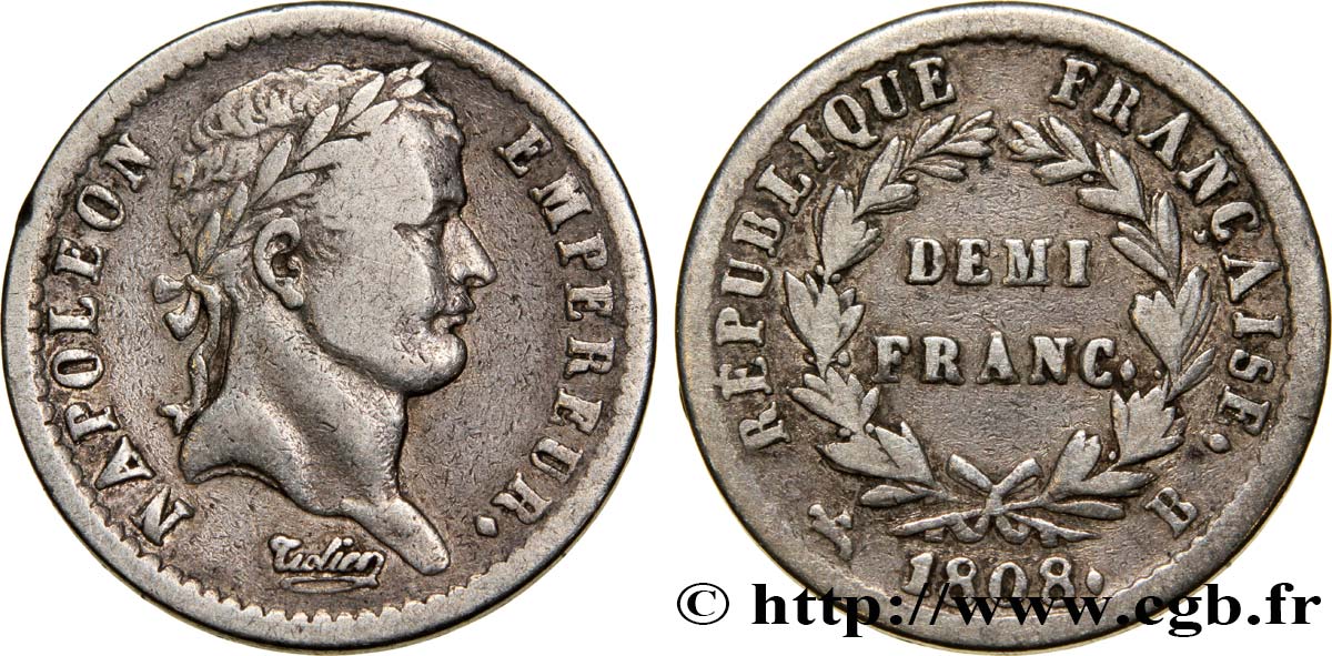 Demi-franc Napoléon Ier tête laurée, République française, buste fin 1808 Rouen F.177/3 VF35 