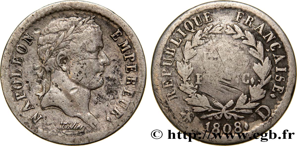 Demi-franc Napoléon Ier tête laurée, République française, buste fin 1808 Lyon F./ BC18 