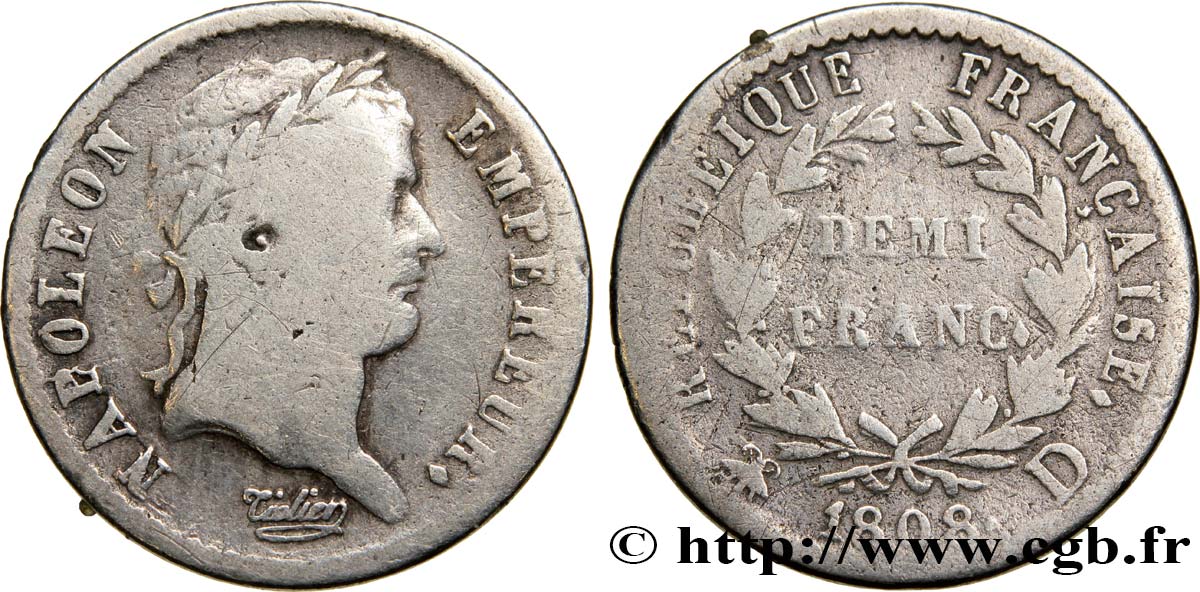 Demi-franc Napoléon Ier tête laurée, République française, buste fin 1808 Lyon F.177/6 B10 