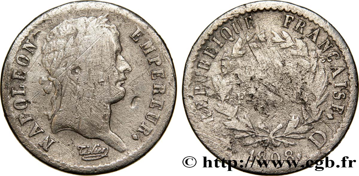 Demi-franc Napoléon Ier tête laurée, République française, buste fin 1808 Lyon F.177/6 G5 
