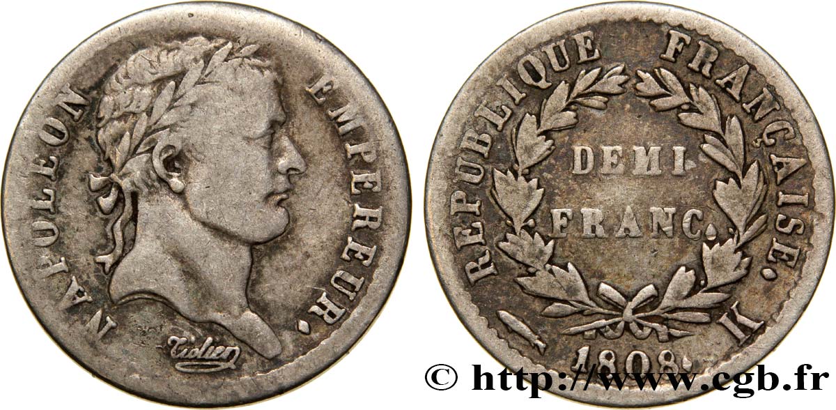Demi-franc Napoléon Ier tête laurée, République française, buste fin 1808 Bordeaux F.177/9 MB25 