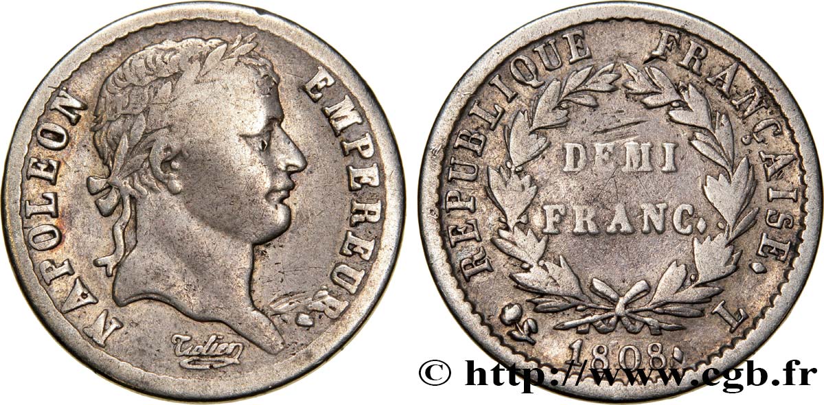 Demi-franc Napoléon Ier tête laurée, République française, buste fin 1808 Bayonne F.177/10 TB25 