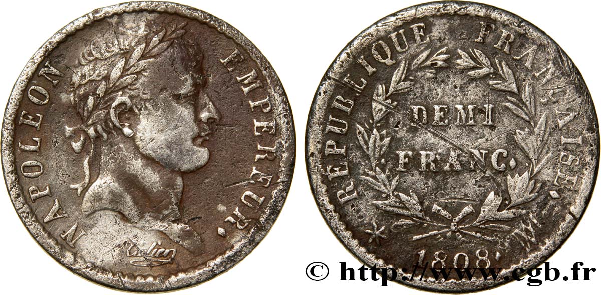 Demi-franc Napoléon Ier tête laurée, République française, buste fin 1808 Marseille F.177/12 VF22 
