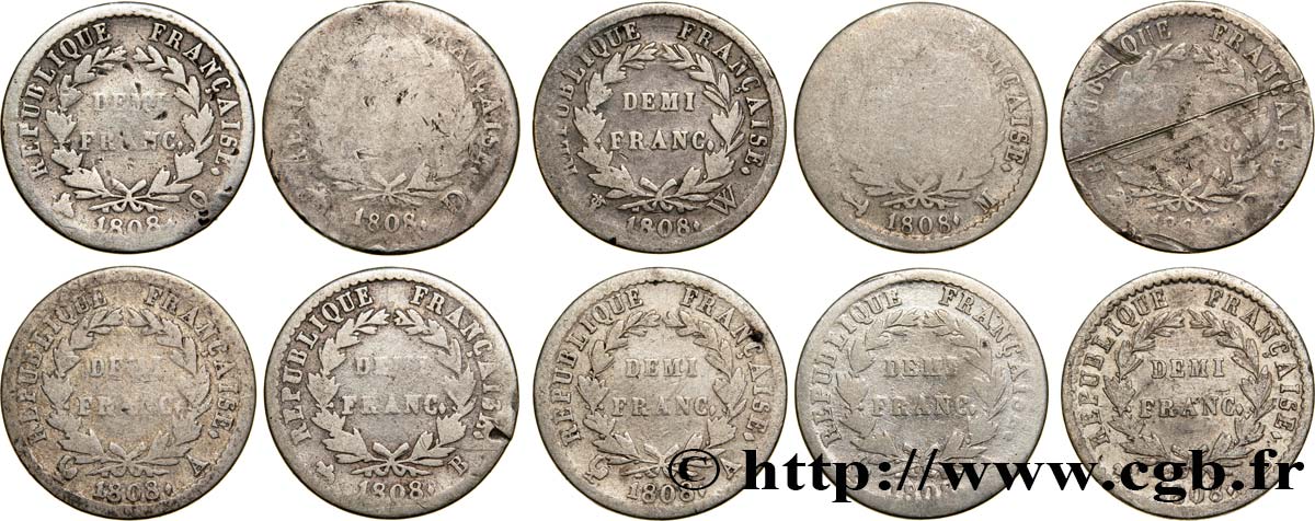 Lot de dix pièces de Demi-franc Napoléon Ier tête laurée, République française, buste fin 1808 - F.177/- G/VF 
