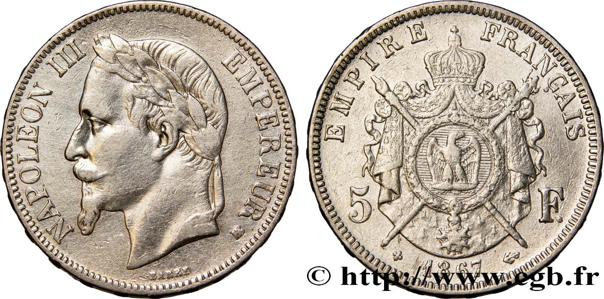 5 francs Napoléon III, tête laurée 1867 Strasbourg F.331/11 VF35 