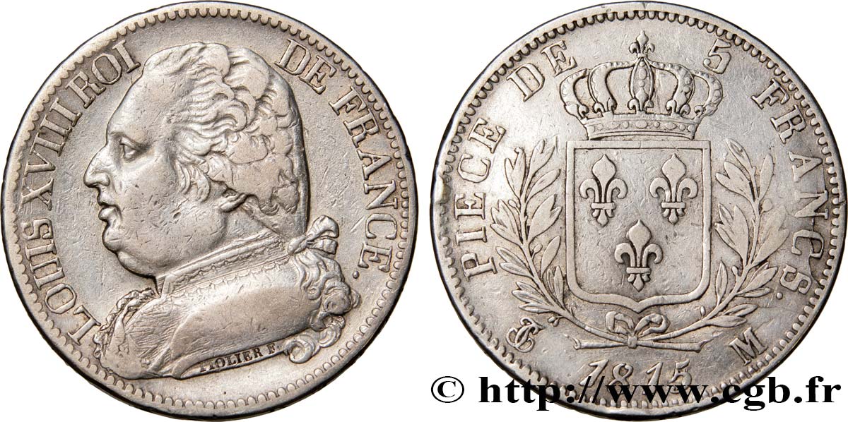 5 francs Louis XVIII, buste habillé 1815 Toulouse F.308/26 BC35 