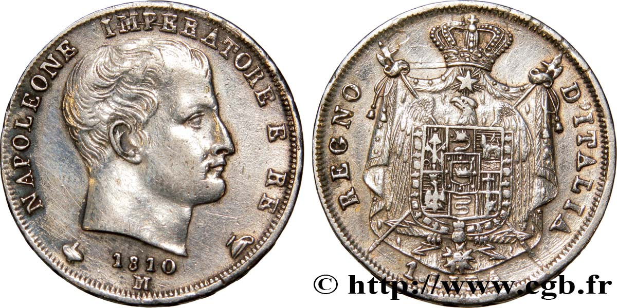 1 lira Napoléon Empereur et Roi d’Italie, étoiles en creux sur la tranche 1810 Milan M.255  AU58 