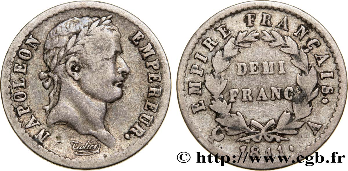 Demi-franc Napoléon Ier tête laurée, Empire français 1811 Paris F.178/21 TB28 