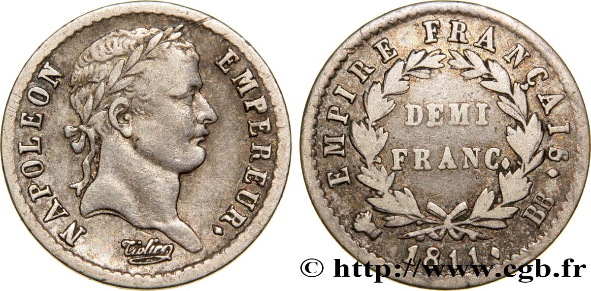 Demi-franc Napoléon Ier tête laurée, Empire français 1811 Strasbourg F.178/23 TB38 
