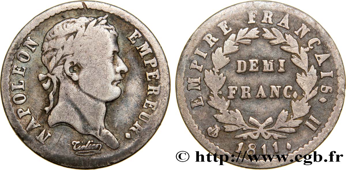 Demi-franc Napoléon Ier tête laurée, Empire français 1811 La Rochelle F.178/25 F15 