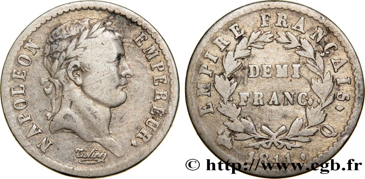 Demi-franc Napoléon Ier tête laurée, Empire français 1811 Perpignan F.178/31 TB22 