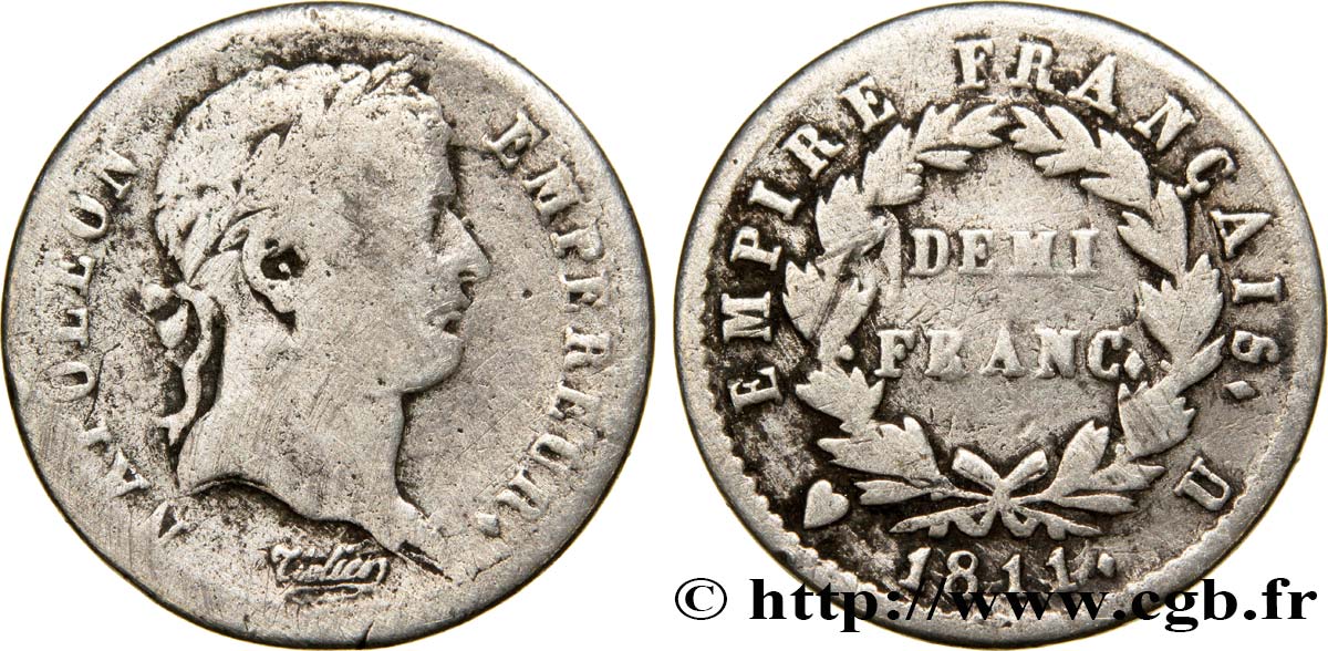 Demi-franc Napoléon Ier tête laurée, Empire français 1811 Turin F.178/33 F14 