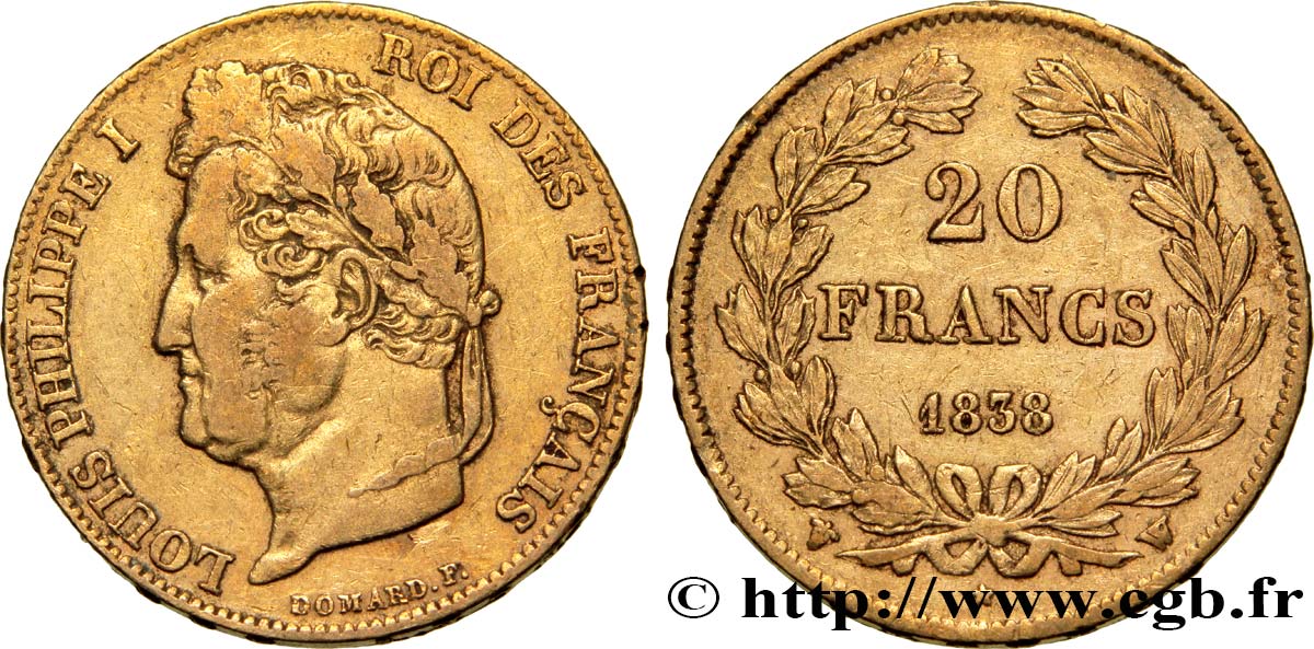 20 francs or Louis-Philippe, Domard 1838 Lille F.527/19 XF42 