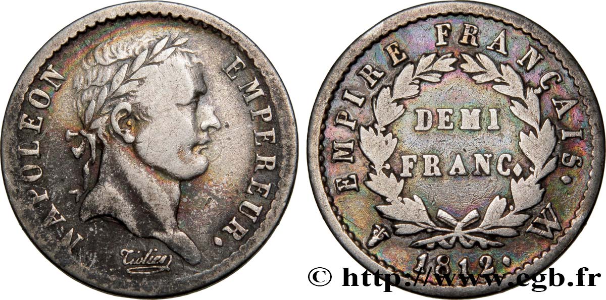 Demi-franc Napoléon Ier tête laurée, Empire français 1812 Lille F.178/48 MB30 