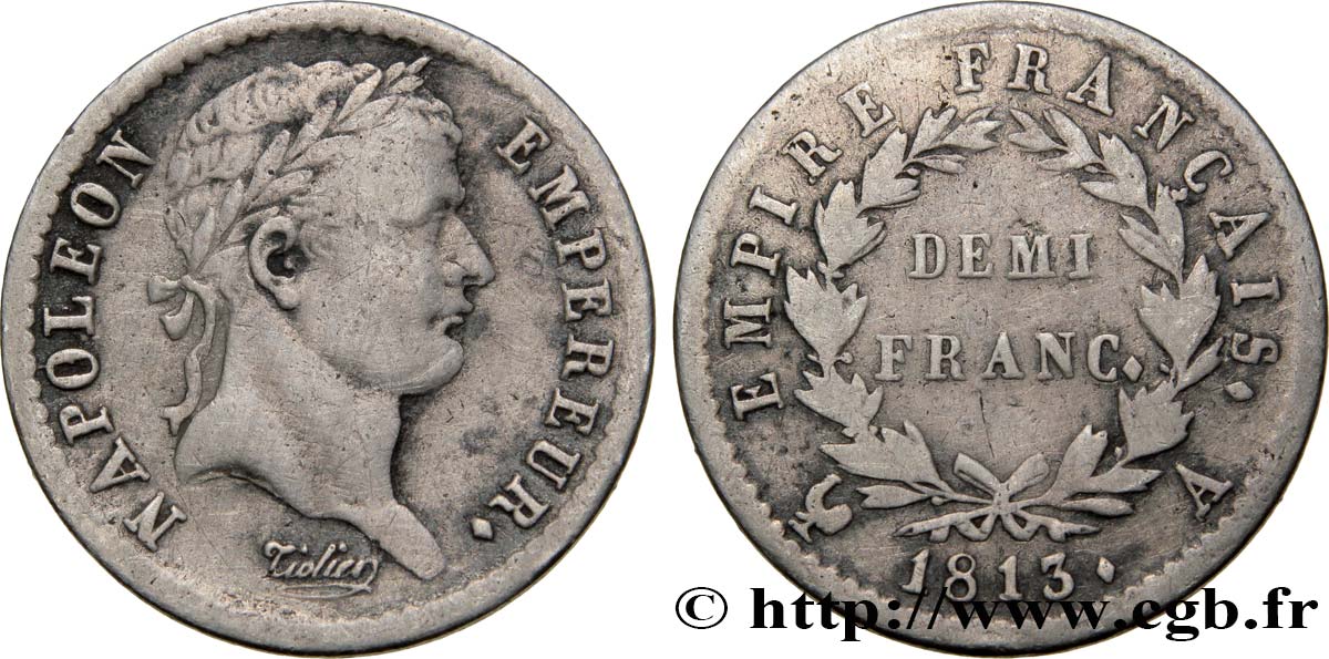 Demi-franc Napoléon Ier tête laurée, Empire français 1813 Paris F.178/49 VF20 