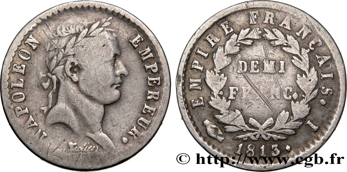 Demi-franc Napoléon Ier tête laurée, Empire français 1813 Limoges F.178/54 MB20 