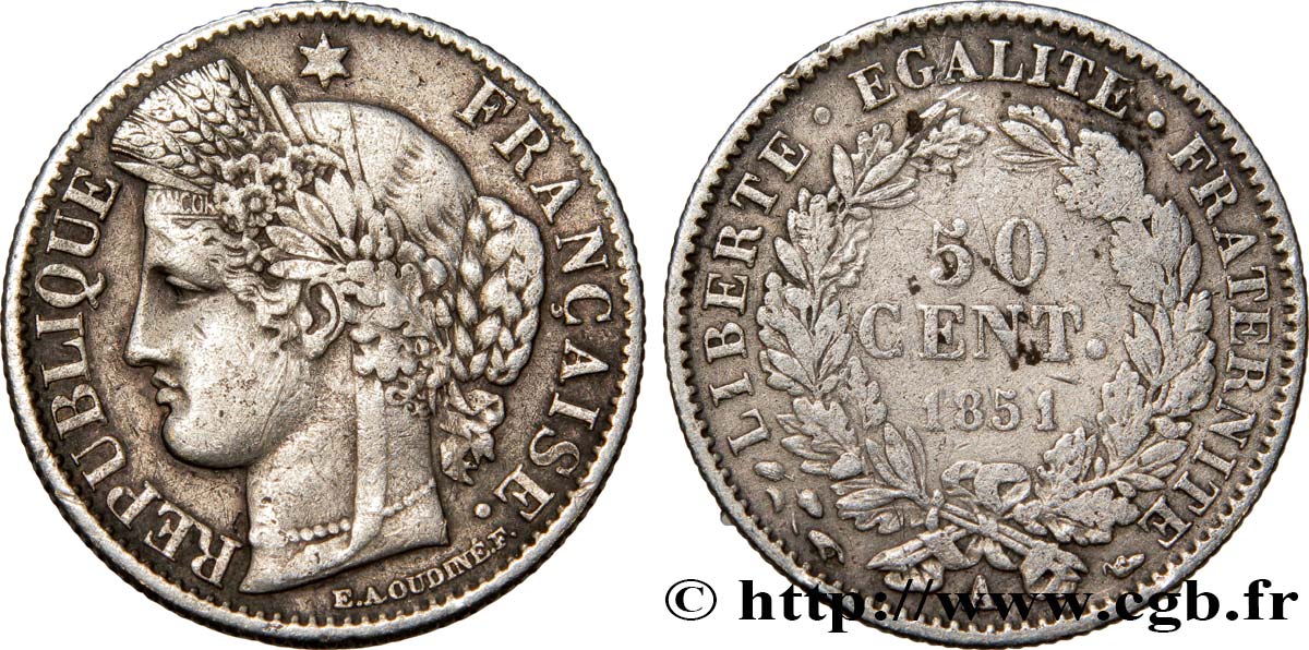 50 centimes Cérès, IIe République 1851 Paris F.184/5 VF25 