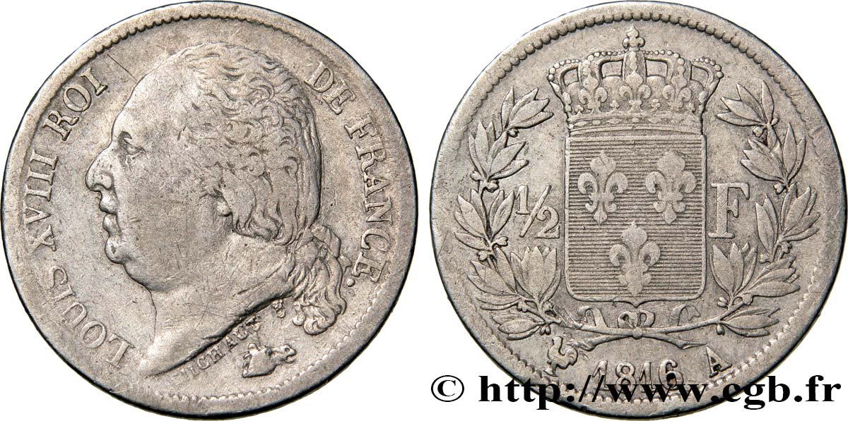 1/2 franc Louis XVIII 1816 Paris F.179/1 MB20 