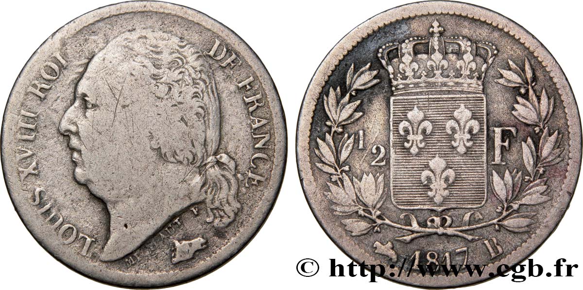 1/2 franc Louis XVIII 1817 Rouen F.179/10 TB18 