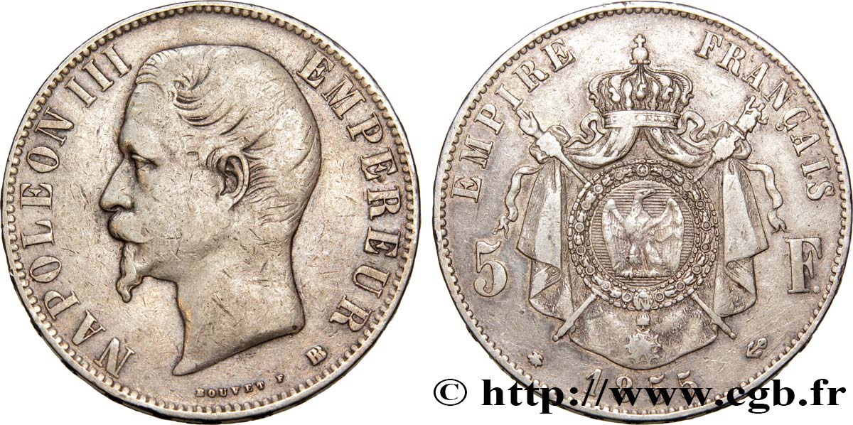 5 francs Napoléon III, tête nue 1855 Strasbourg F.330/4 TB30 