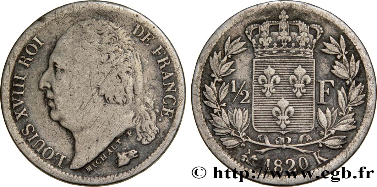 1/2 franc Louis XVIII 1820 Bordeaux F.179/26 VF30 