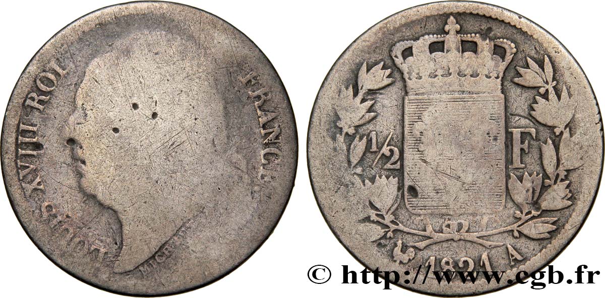 1/2 franc Louis XVIII 1821 Paris F.179/28 VG10 