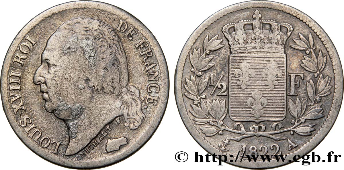 1/2 franc Louis XVIII 1822 Paris F.179/30 F18 