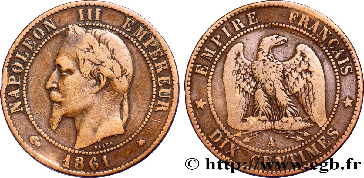 Dix centimes Napoléon III, tête laurée 1861 Paris F.134/4 VF25 