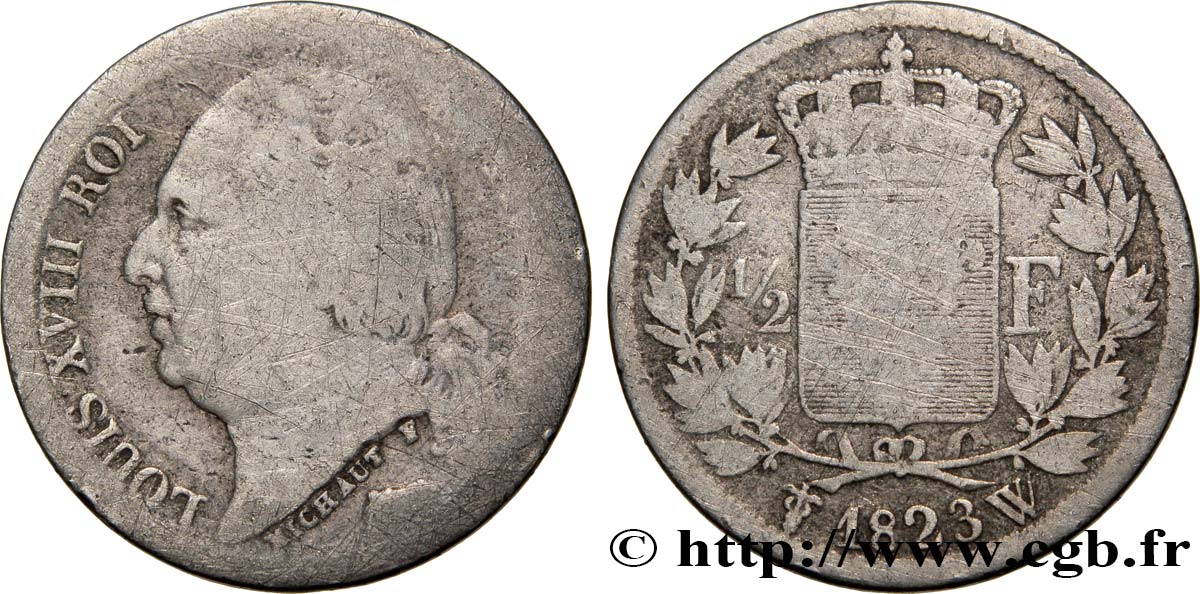 1/2 franc Louis XVIII 1823 Lille F.179/42 SGE6 