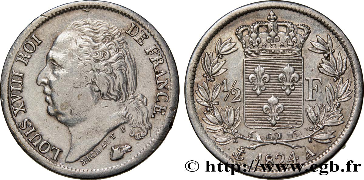 1/2 franc Louis XVIII 1824 Paris F.179/43 XF48 