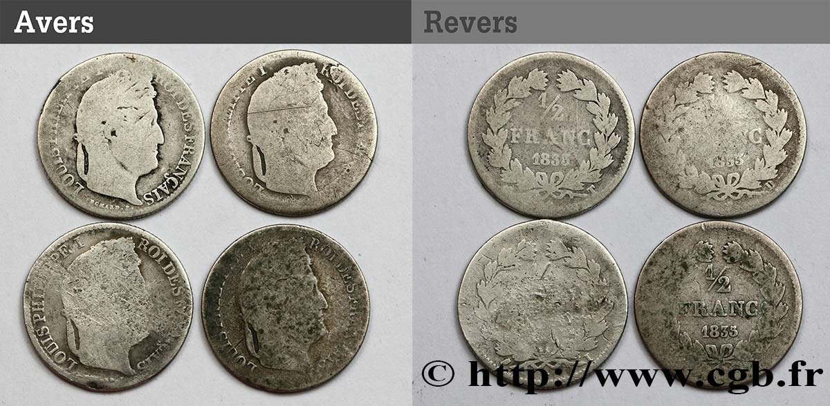 Lot de quatre pièces de 1/2 franc Louis-Philippe n.d. n.l. F.182/- MC/RC 