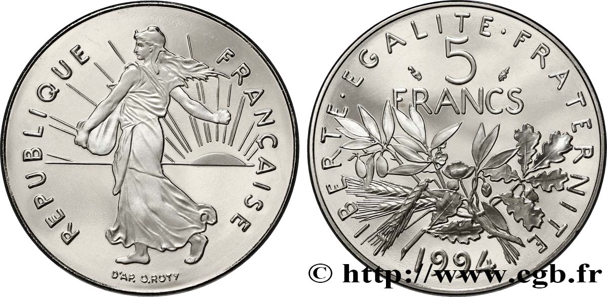 5 francs Semeuse, nickel, différent dauphin, BE (Belle Épreuve) 1994 Pessac F.341/29 var. MS67 